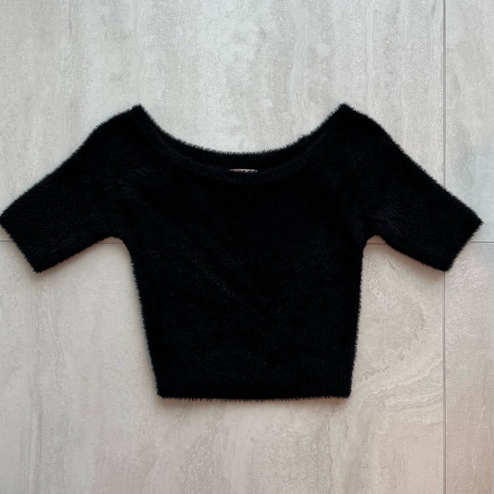 Off the shoulder short sleeve fuzzy sweater